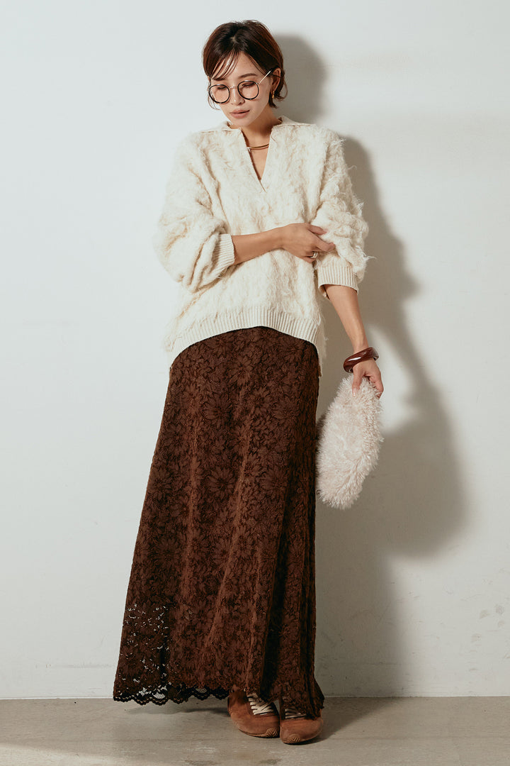 [SET]襟付きシャギーニットポロトップス+花柄刺繍ベロアフレアスカート(2set)