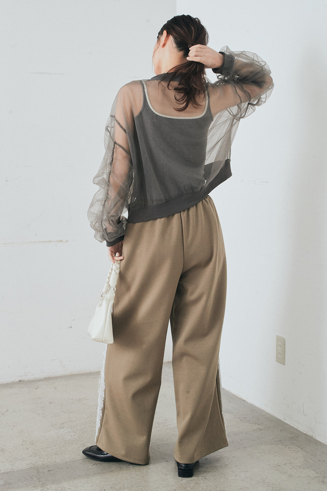 [SET]エアリーチュールスリーブシアーブルゾン+Wフェイスカットソーサイドレースラインパンツ(2set)