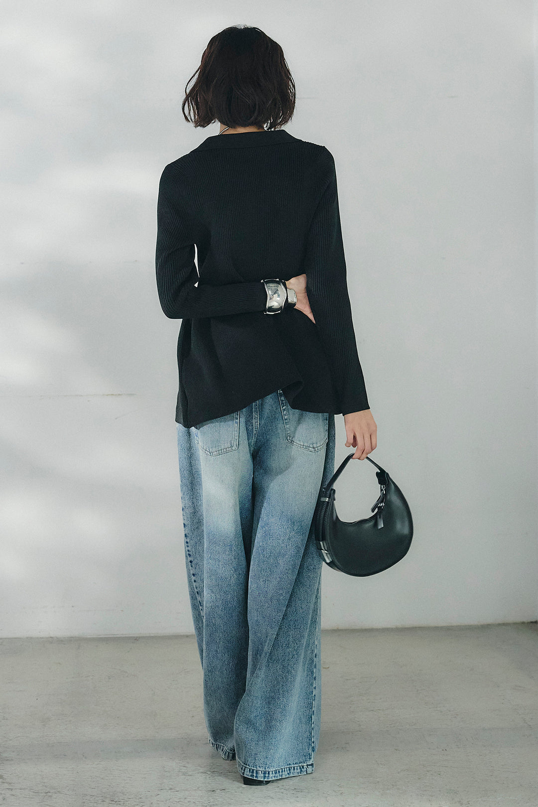 [SET]スキッパーペプラムニット+ウエスト裁ち切りデニムワイドパンツ(2set)