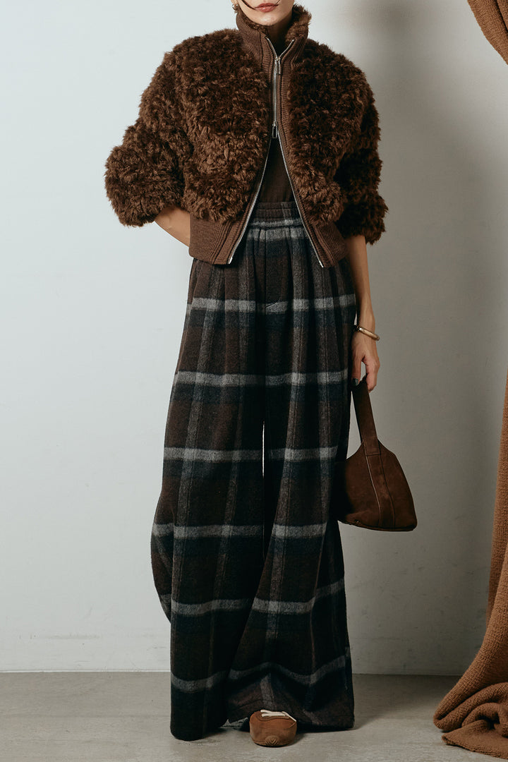 [SET]ハイネックショート丈ボアジップブルゾン+起毛タータンチェック柄ワイドパンツ(2set)