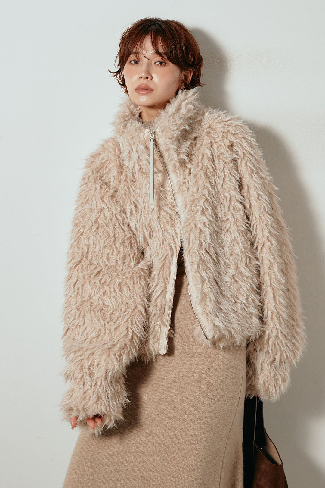 [SET]ミックスシープファースタンドブルゾン+ノースリーブニットロングワンピース(2set)