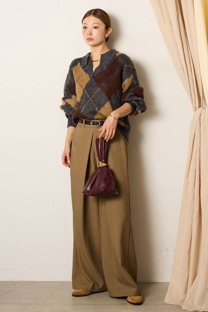 [SET]アクリルモヘアアーガイルキーネックプルオーバー+フロントワイドタックネップ入ワイドパンツ(2set)