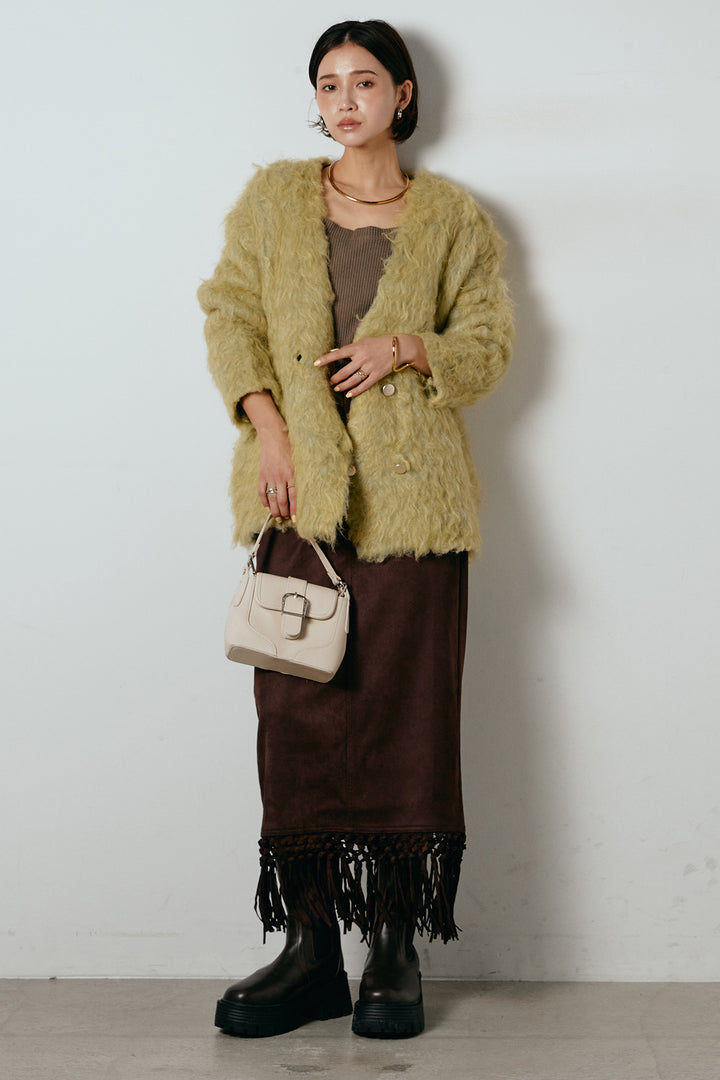 [SET]ウェーブシャギーニットジャケット+スウェードライク裾フリンジスカート(2set)