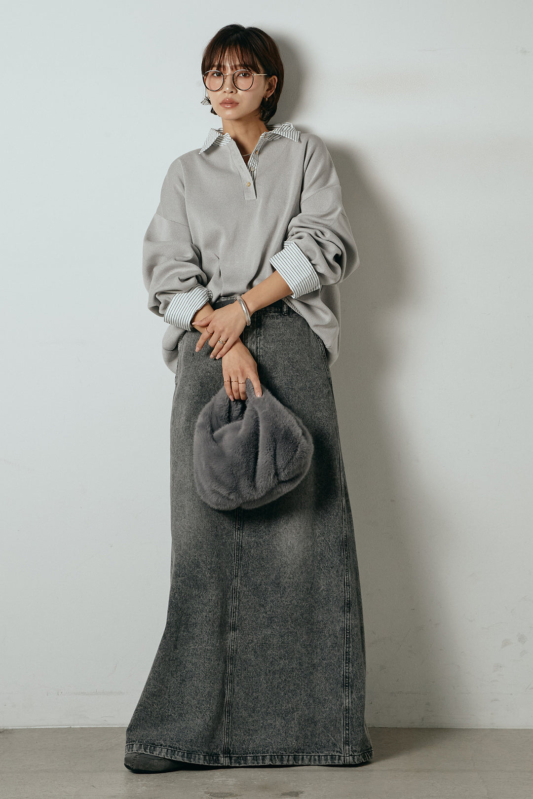 [SET]ストライプシャツドッキングポロトップス+デニムロングフレアスカート(2set)