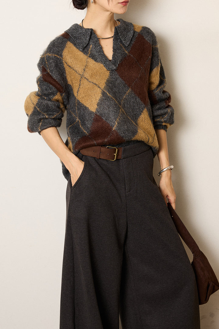 [SET]アクリルモヘアアーガイルキーネックプルオーバー+サイドベルトパンツ(2set)