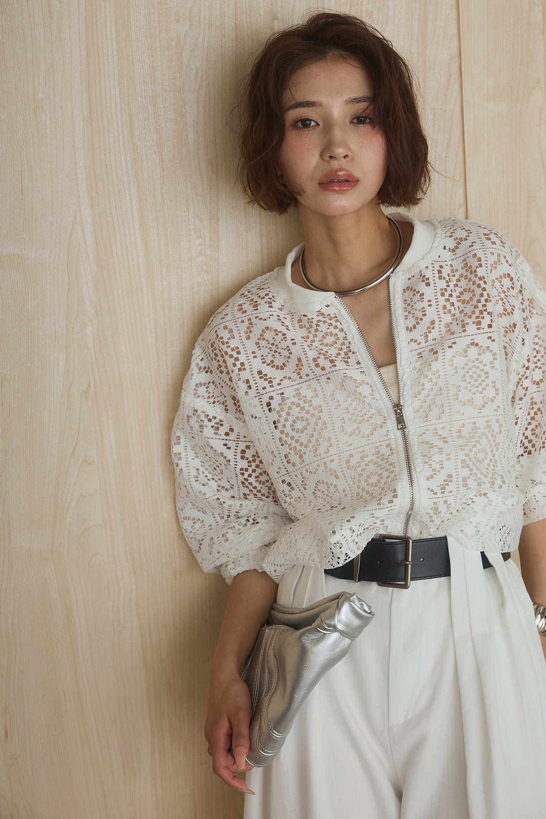 [SET]幾何レースブルゾン+ベルト付きビックループワイドパンツ(2set)