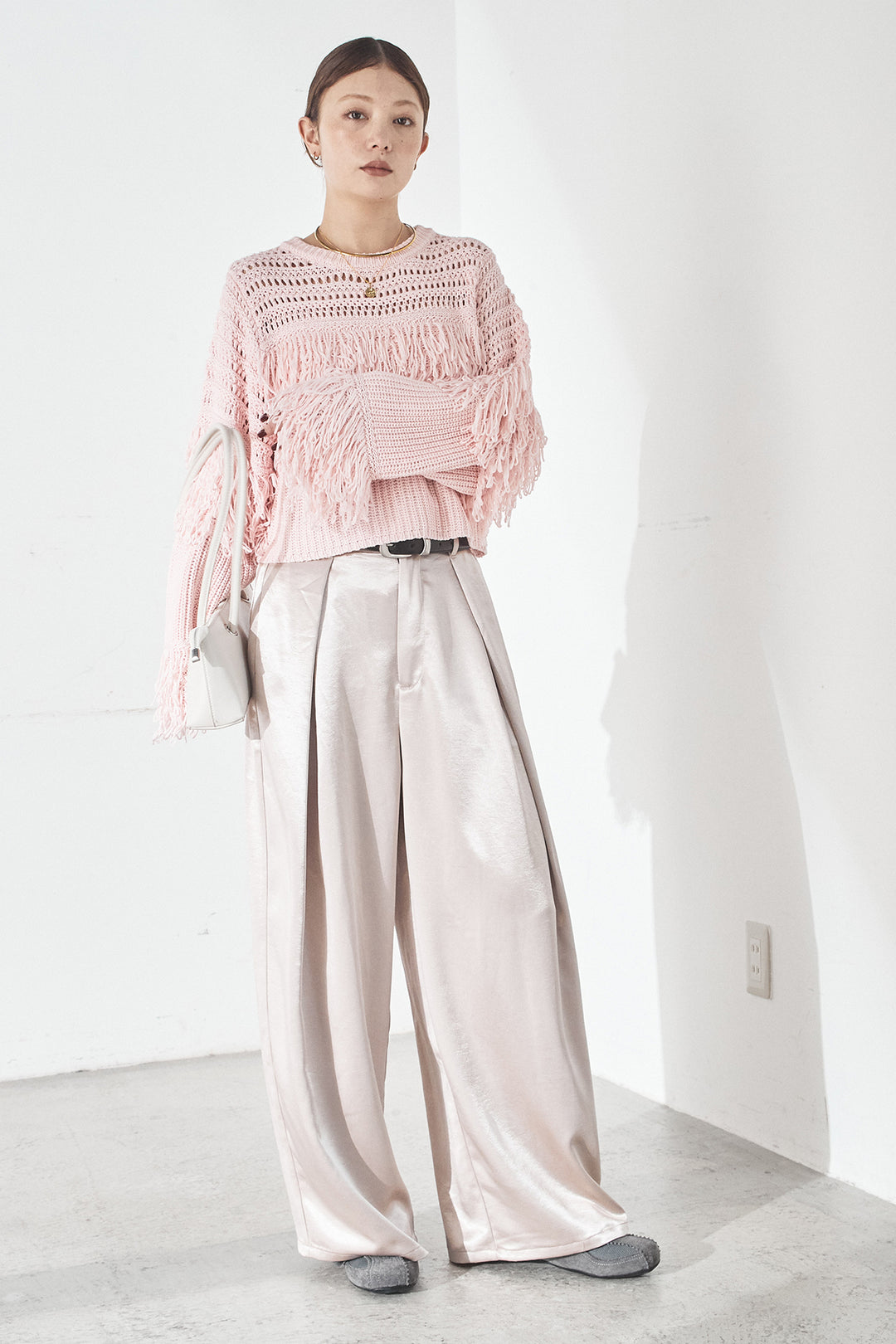 [SET]メッシュフリンジ切り替えプルオーバー+サテンタックワイドパンツ(2set)