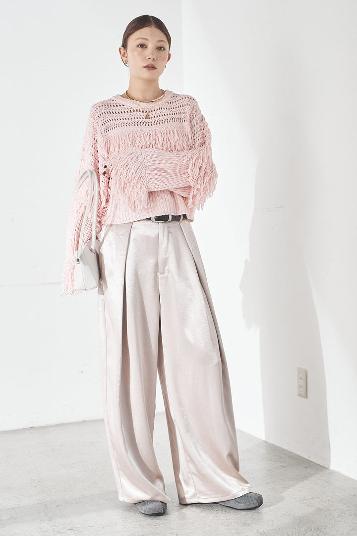 [SET]メッシュフリンジ切り替えプルオーバー+サテンタックワイドパンツ(2set)