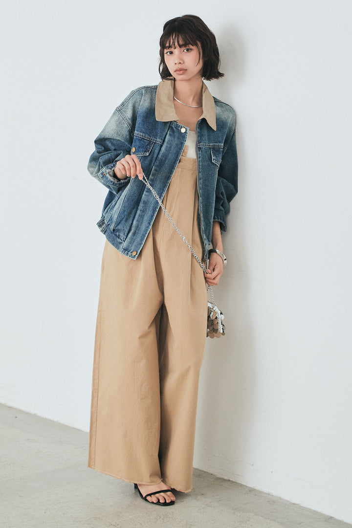 [SET]襟切り替えジップデニムジャケット+綿ツイルアシメサロペット(2set)