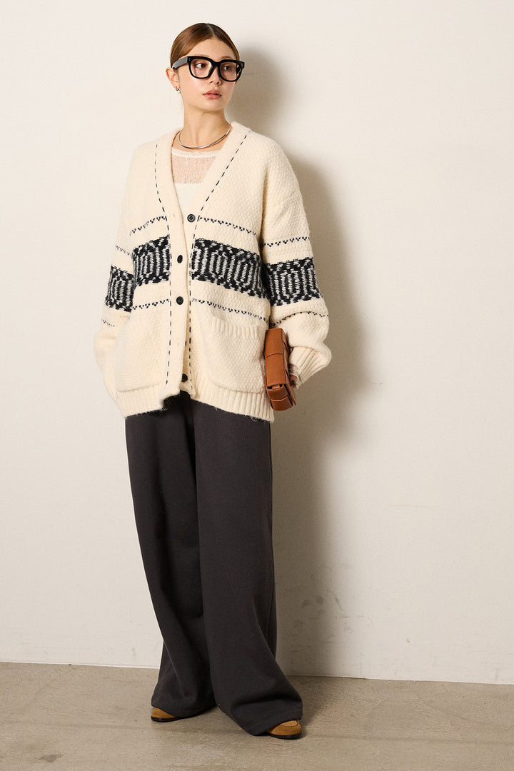 [SET]ライン柄ステッチニットカーディガン+裏起毛スウェットワイドパンツ(2set)