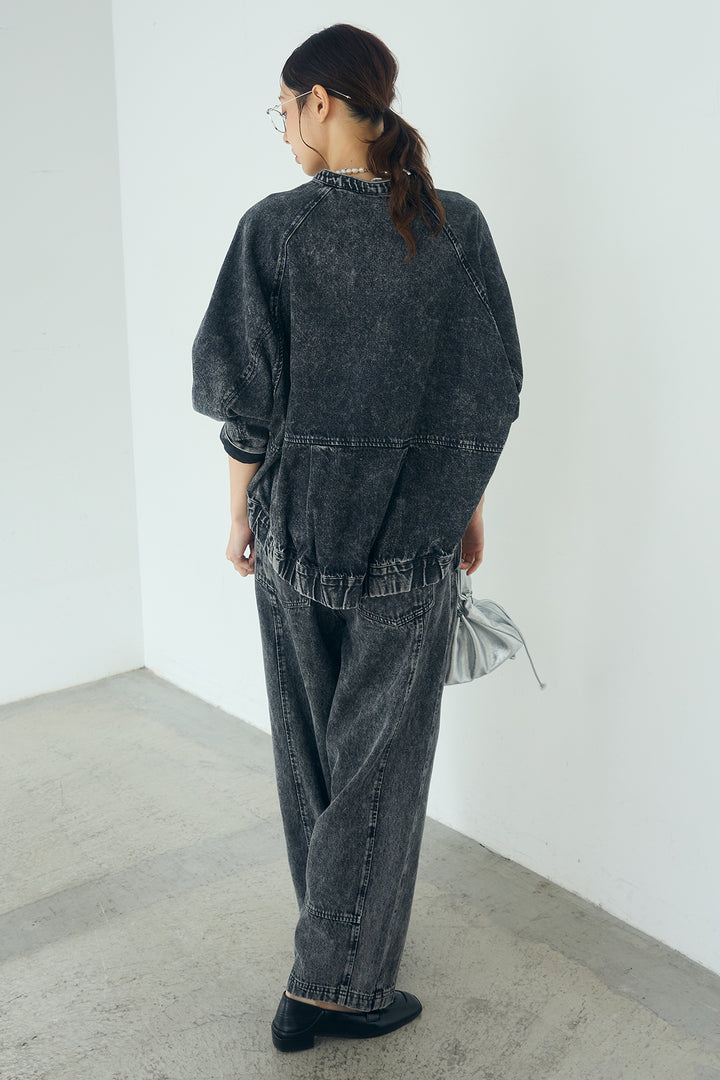 [SET]カラーデニムケミカル加工ノーカラーブルゾン+カラーデニムケミカル加工コクーンパンツ(2set)