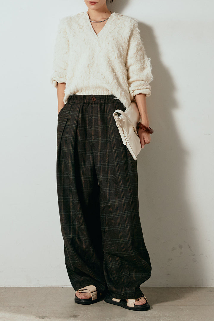 [SET]襟付きシャギーニットポロトップス+タータンチェック柄タックパンツ(2set)