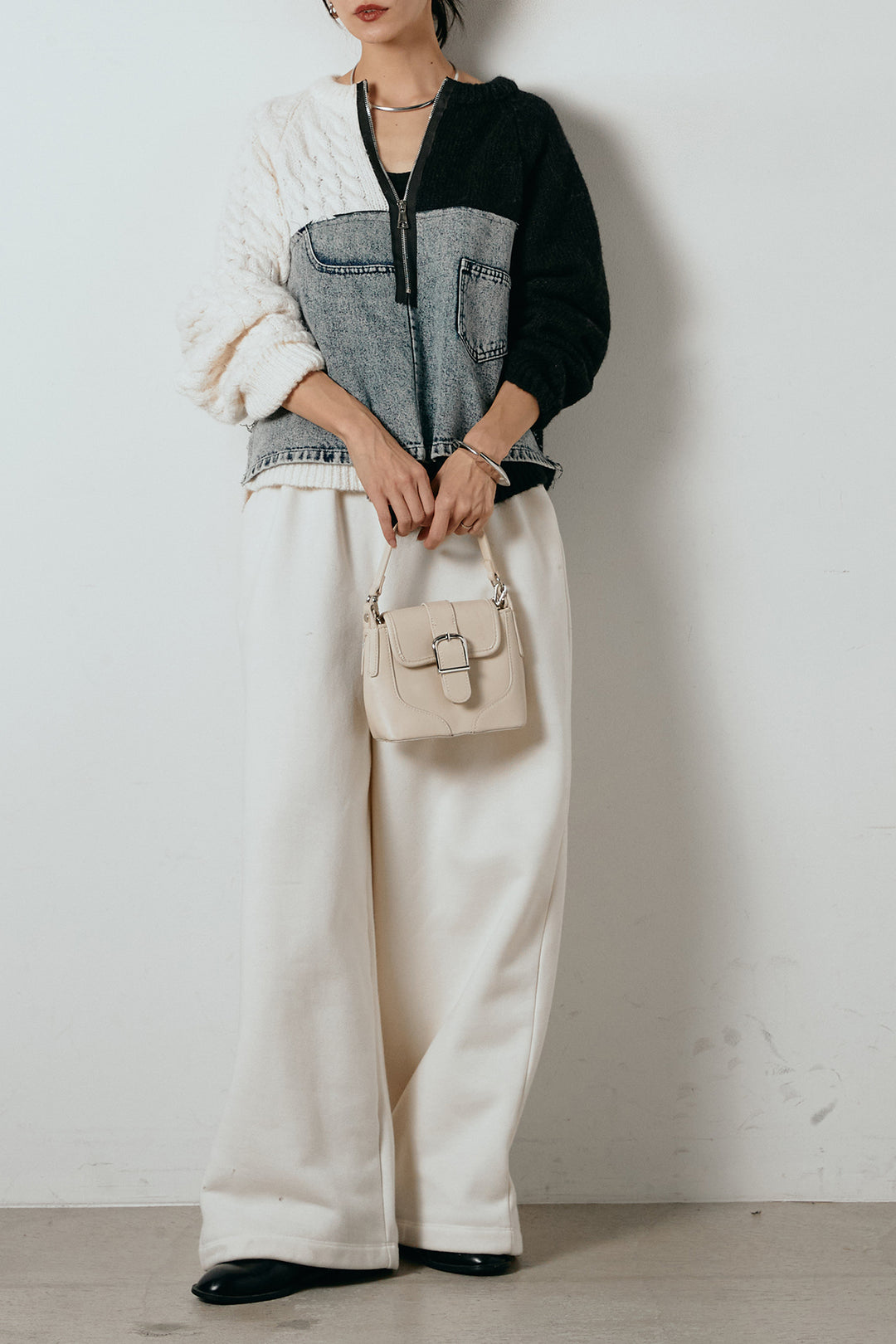 [SET]ハーフジップニットデニムドッキングトップス+裏起毛スウェットワイドパンツ(2set)