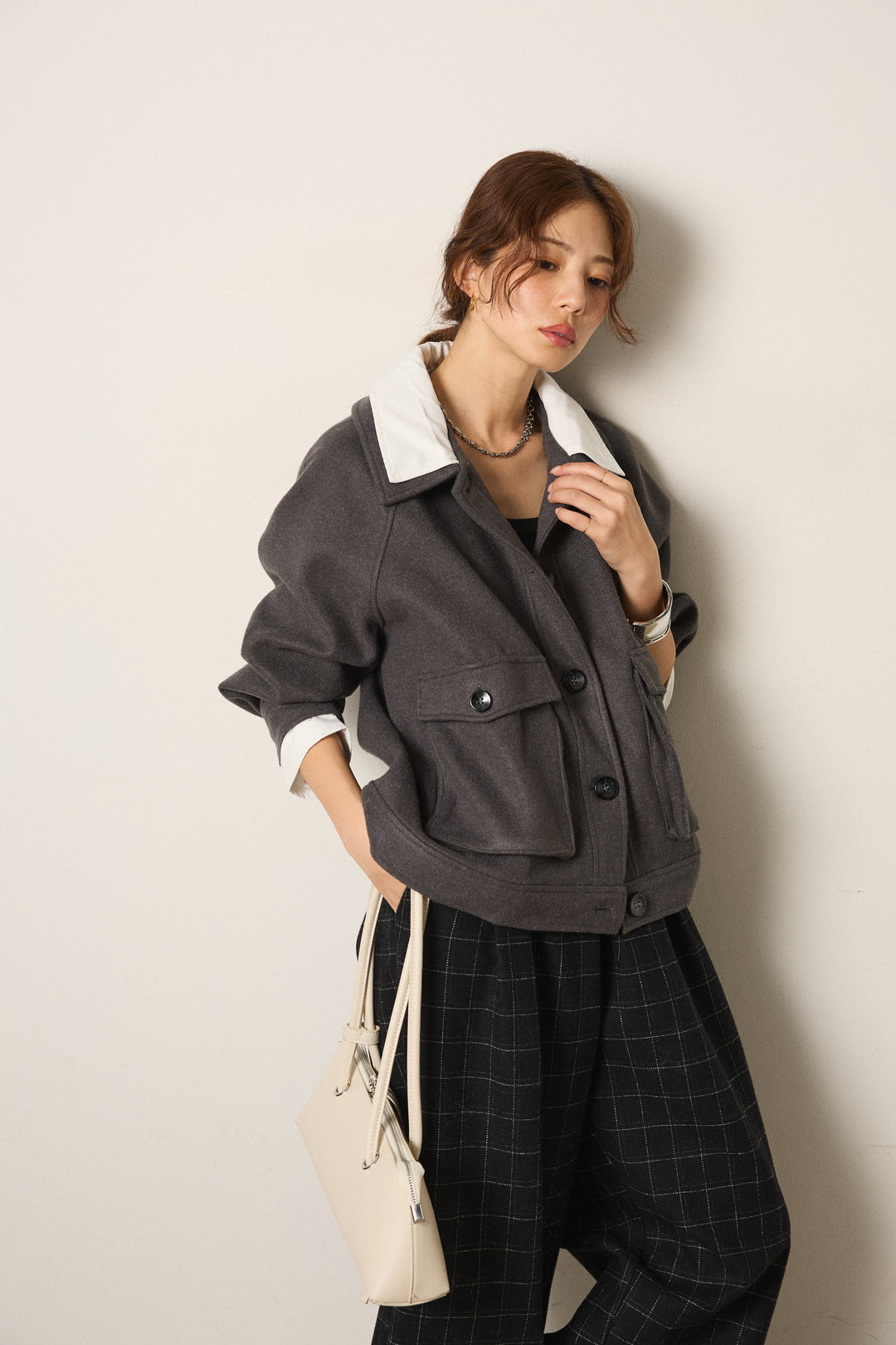 [SET]衿レイヤードフェイクウールジャケット+ウールライクチェックタックパンツ(2set)