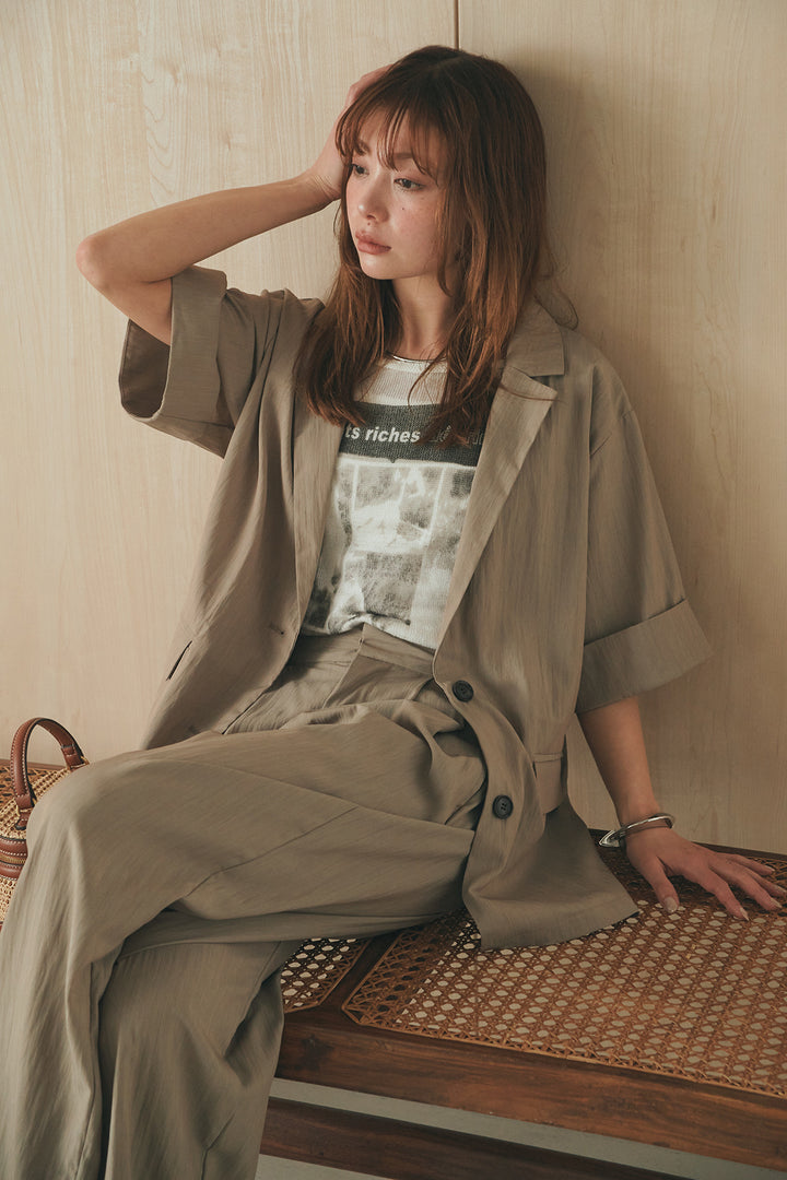 [SET]リネンライクテーラードハーフスリーブジャケット+リネンライク2タックワイドパンツ(2set)