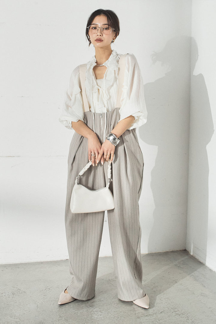 [SET]フロントリボンフリルブラウス+ピンストライプツータックサロペット(2set)