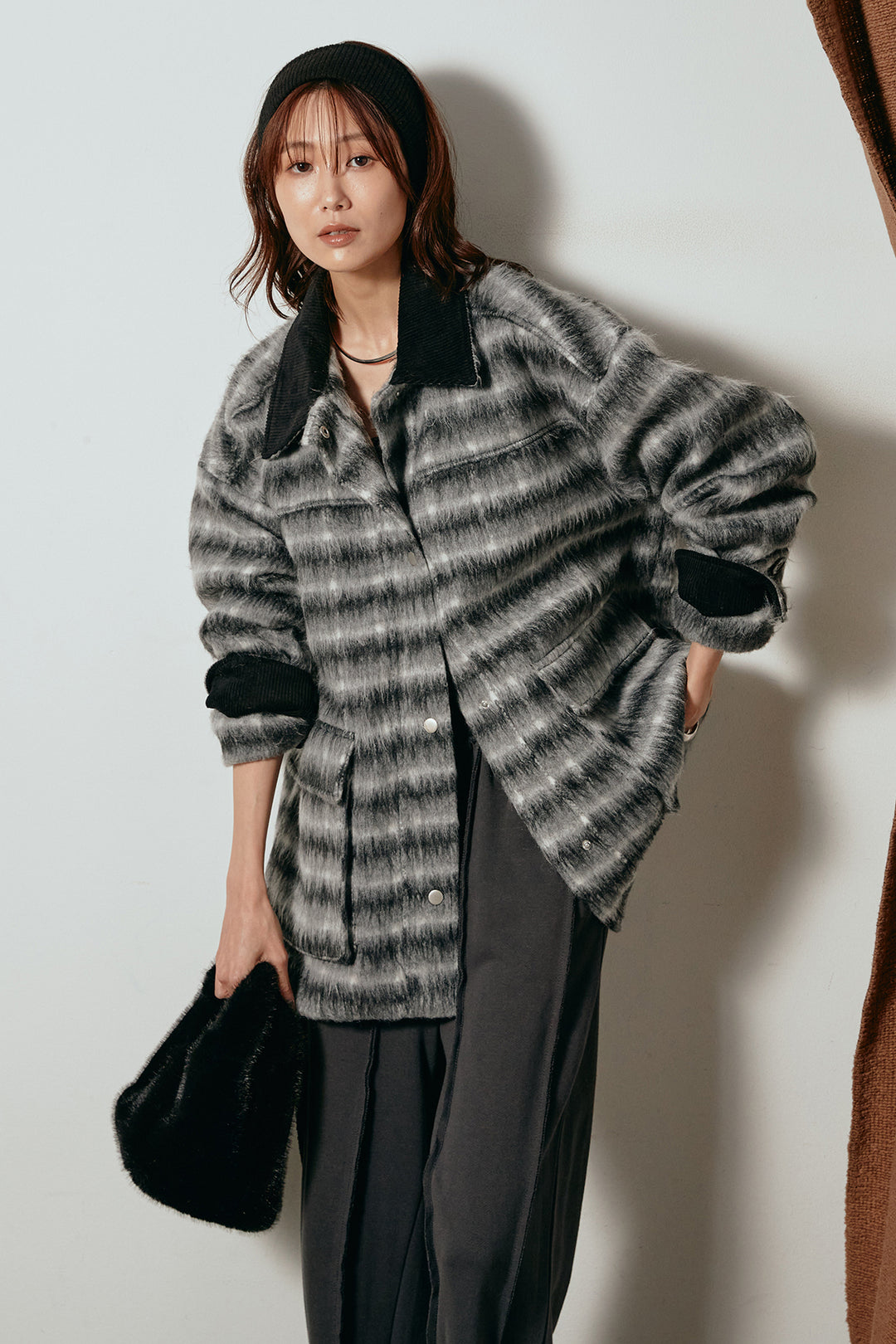 [SET]チェックシャギーミドルカバーオール+フロントラインデザインワイドスウェットパンツ(2set)