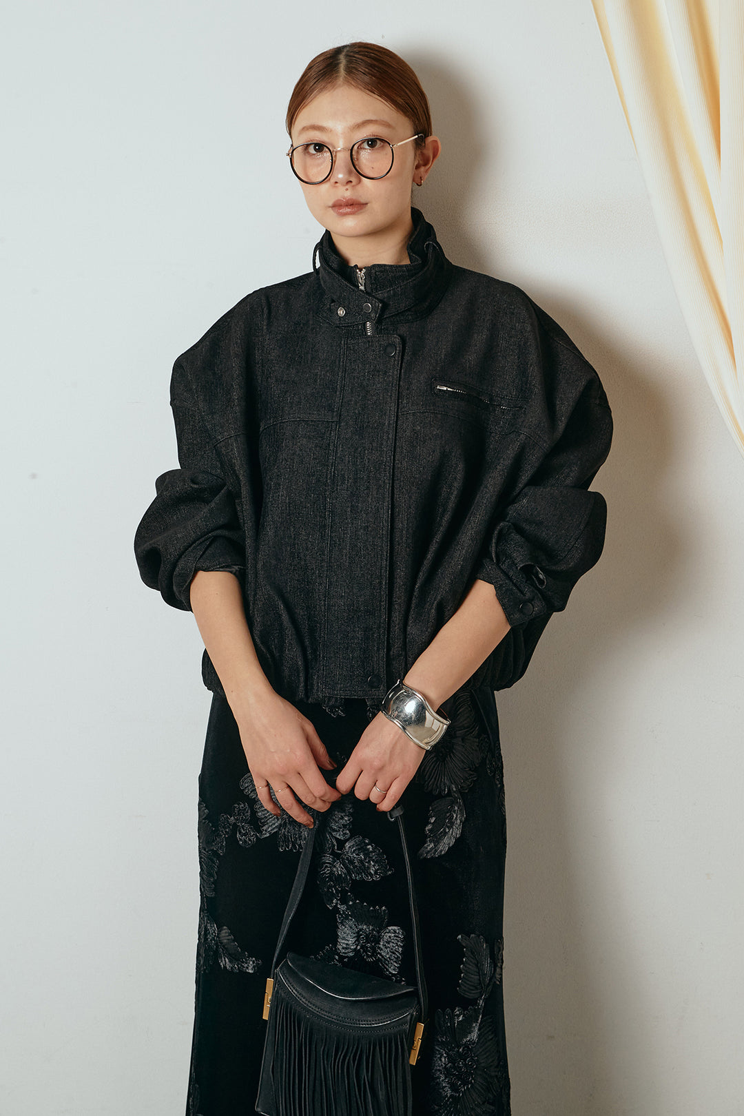 [SET]デニム調ハイネックブルゾン+フラワー刺繍ワイドスカート(2set)