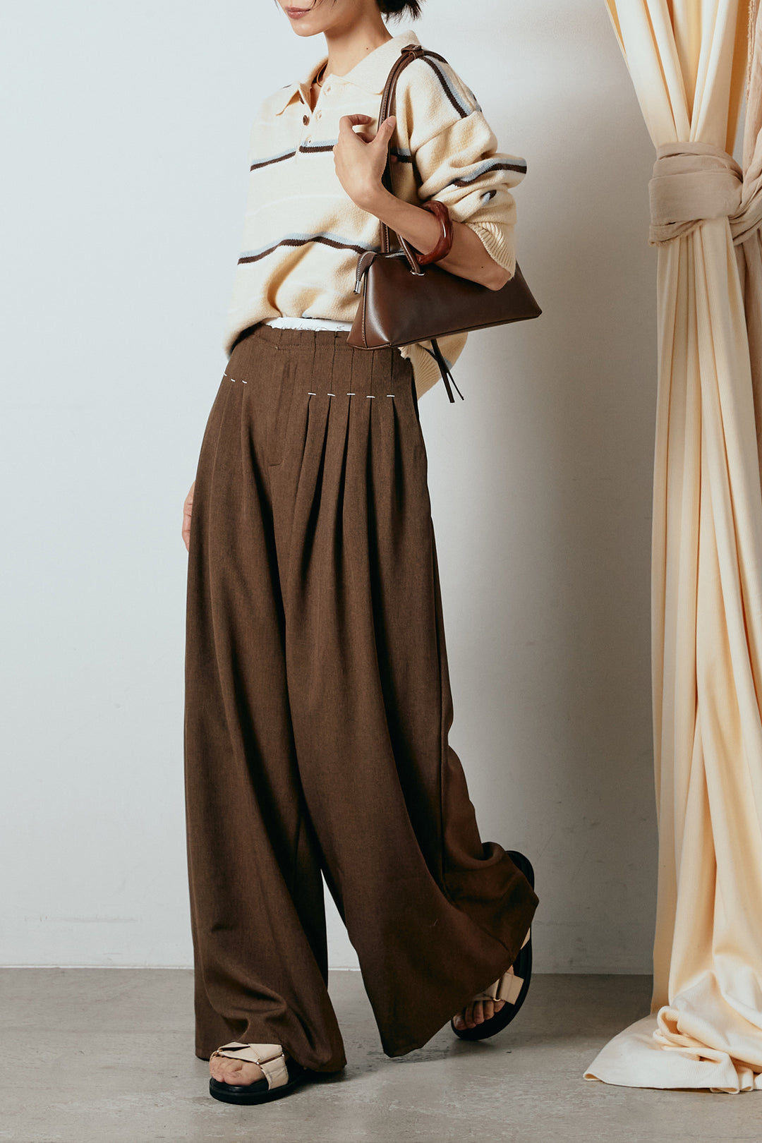 [SET]襟付きマルチボーダーニットポロトップス+ウエストステッチデザインワイドスラックス(2set)