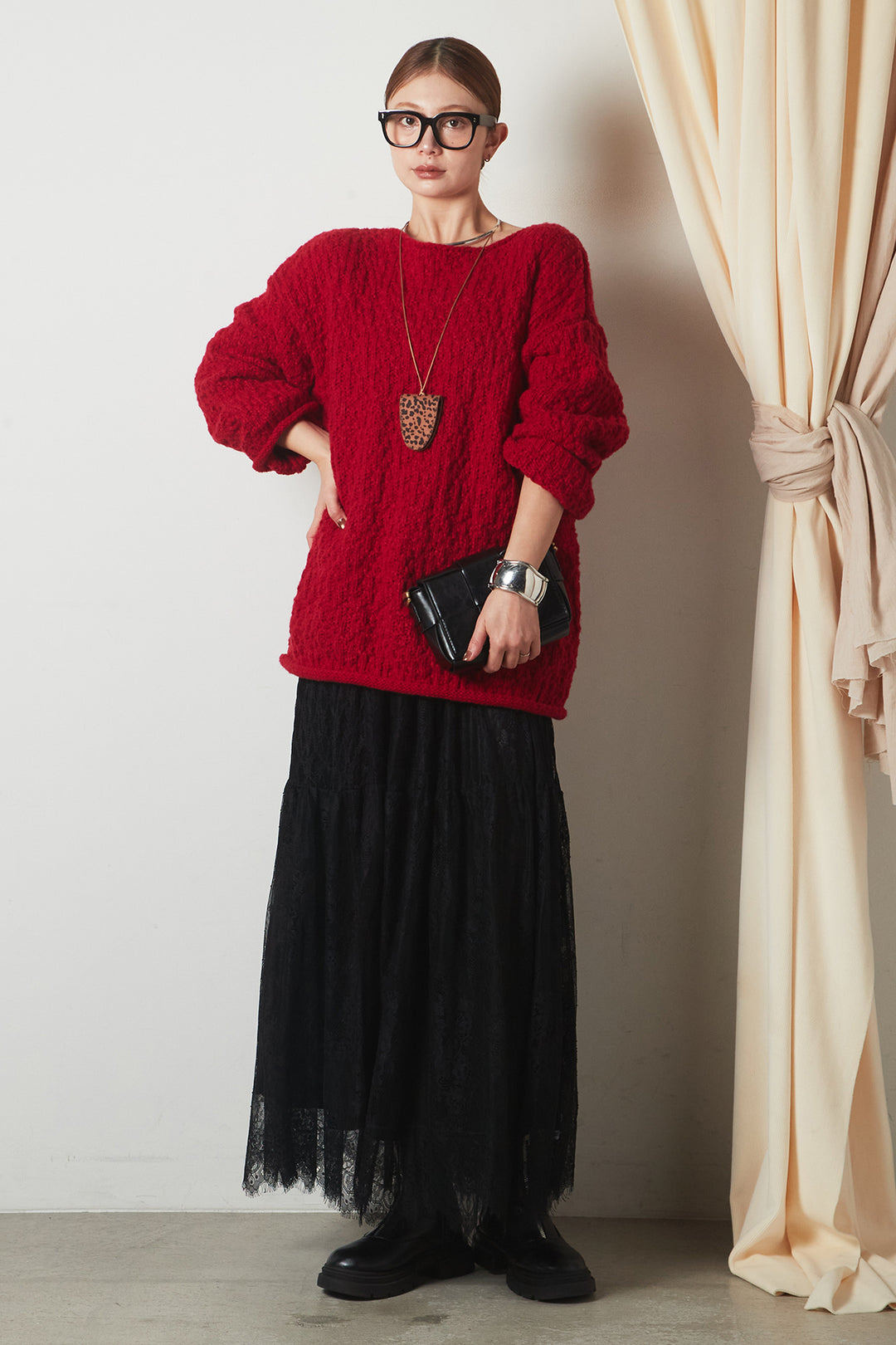 [SET]ボリューム編みニットプルオーバー+ひげレース切替ロング丈スカート(2set)