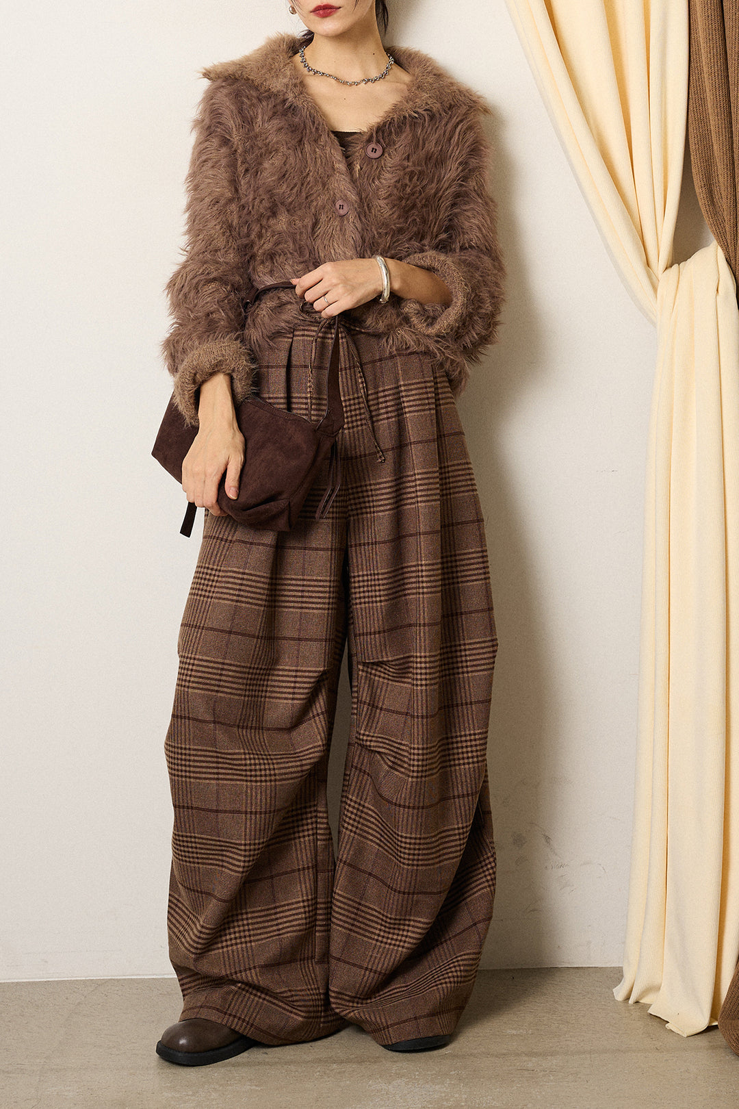 [SET]襟付きシャギーニットカーディガン+グレンチェックルーズタックパンツ(2set)