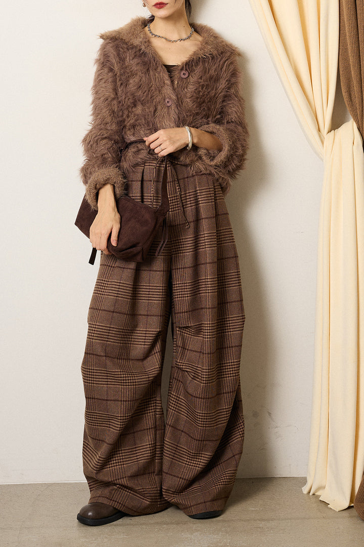 [SET]襟付きシャギーニットカーディガン+グレンチェックルーズタックパンツ(2set)