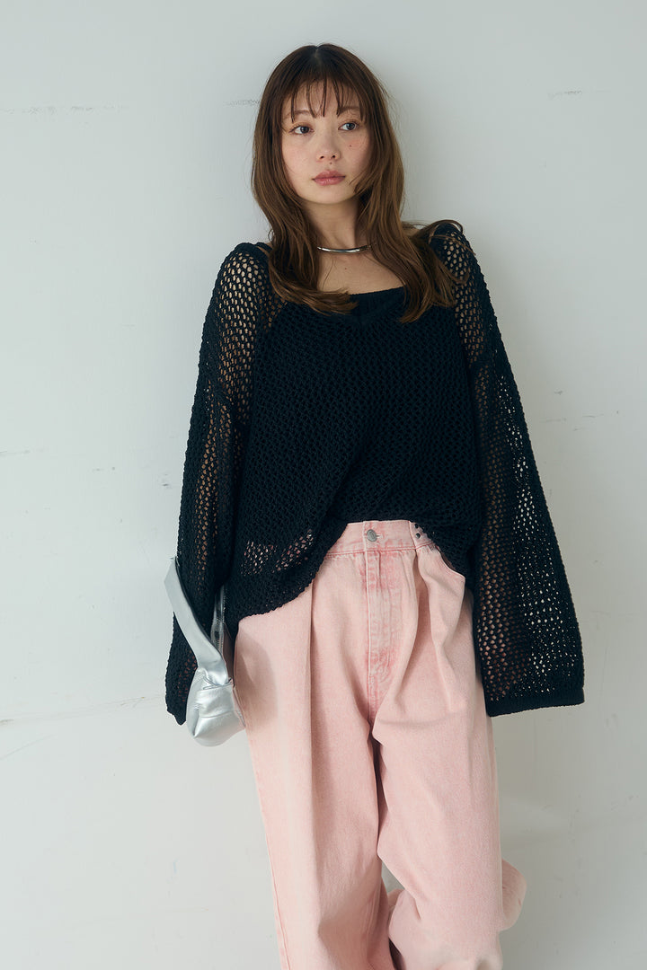 [SET]メッシュ編みビスチェセットVネックプルオーバー+カラーデニムタックカーブパンツ(2set)