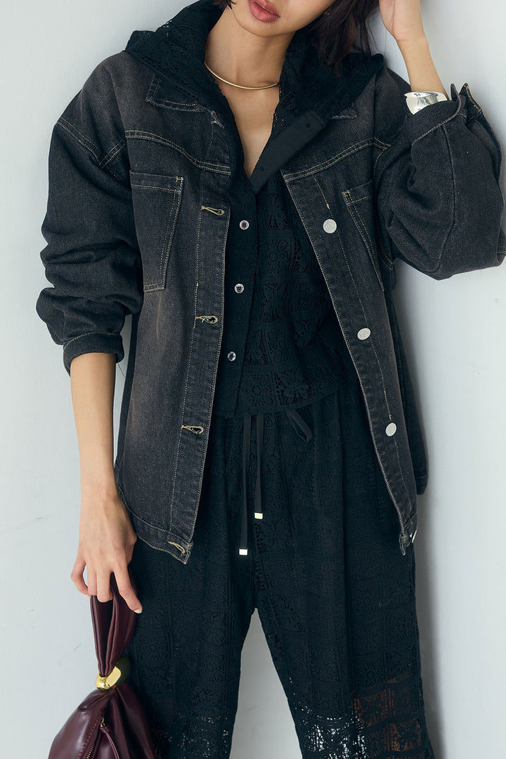 [SET]デニムオーバーサイズジャケット+パッチワークレースイージーパンツ+パッチワークレースショート丈フードシャツ(3set)