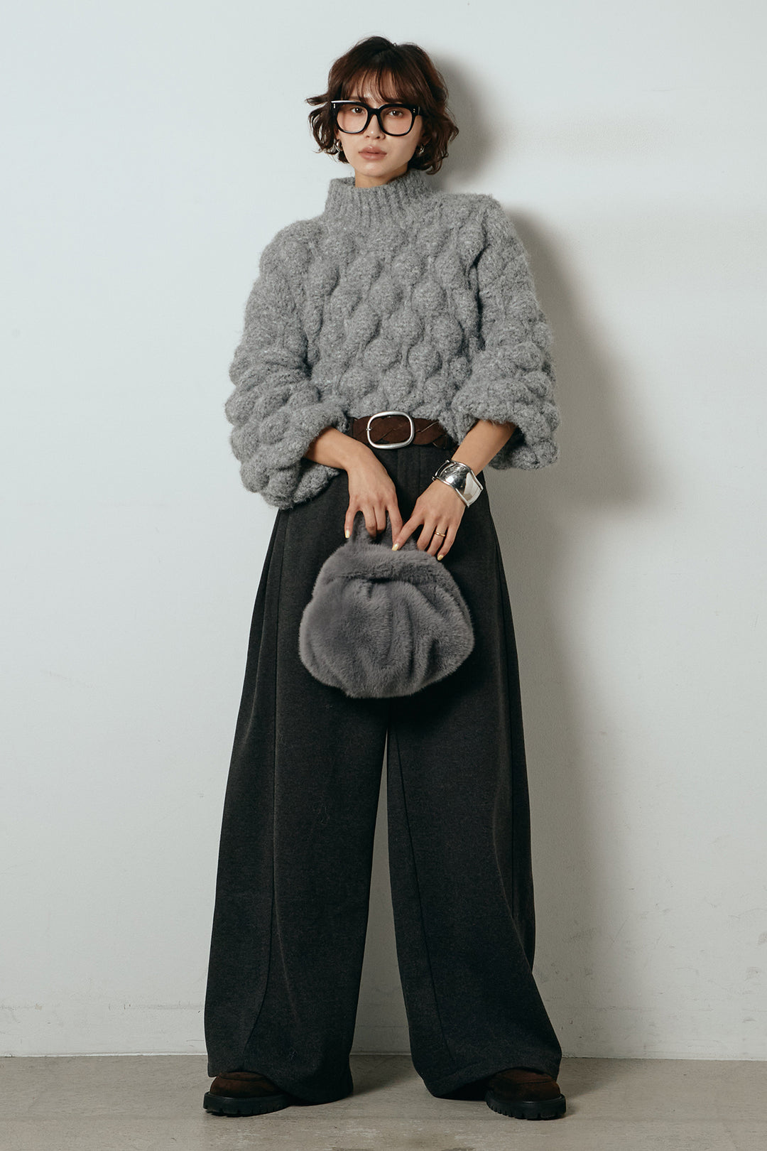 [SET]ボリュームポップコーンニットトップス+編みベルト付きワイドパンツ(2set)
