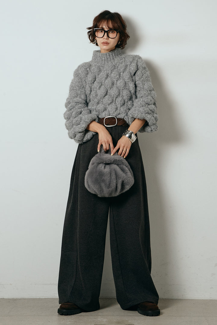 [SET]ボリュームポップコーンニットトップス+編みベルト付きワイドパンツ(2set)