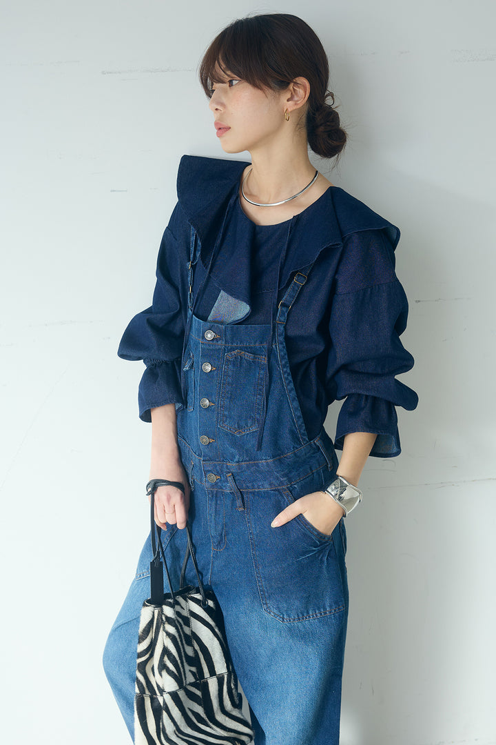 [SET]デニムフリルブラウス+デニムサロペットワイドパンツ(2set)