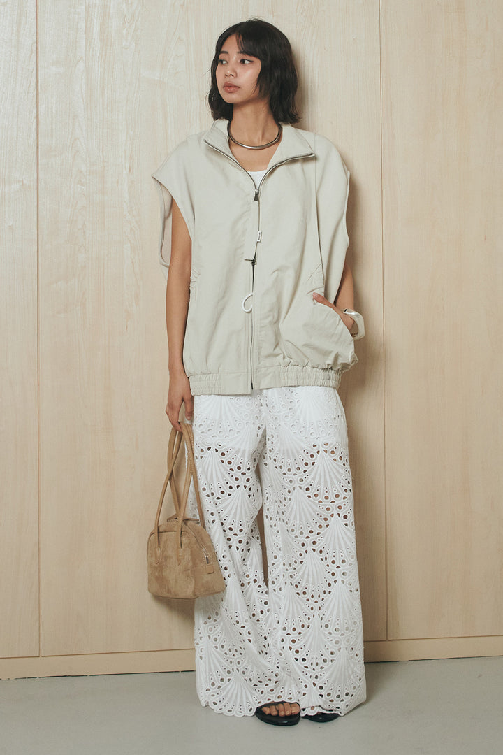 [SET]ショルダー切替スタンドネックジップベスト+レース刺繍リラックスパンツ(2set)