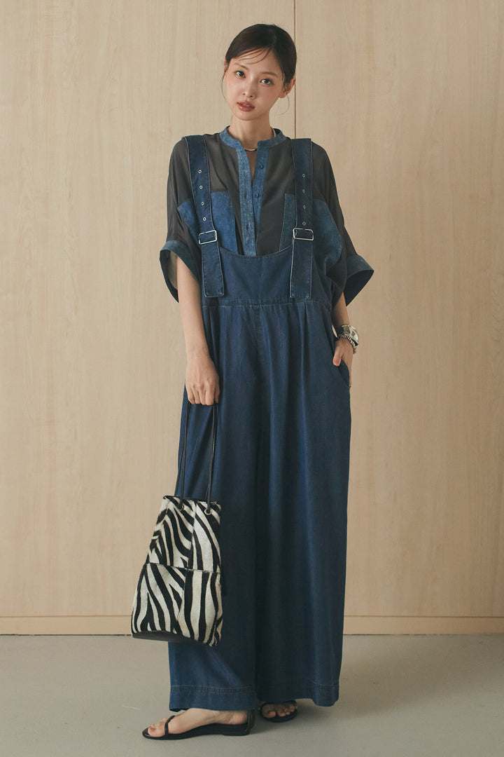[SET]デニムライクビッグツーポケシアーシャツ+前後2WAYテンセルデニムサロペット(2set)