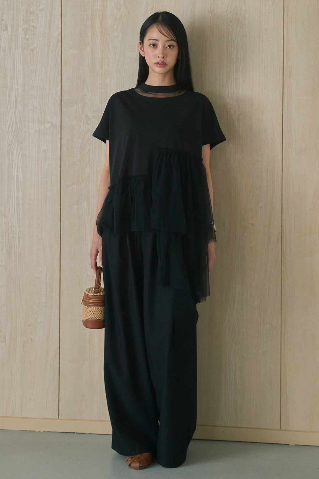 [SET]アシンメトリーチュールフリルTシャツ+ウエストデザインタックワイドパンツ(2set)