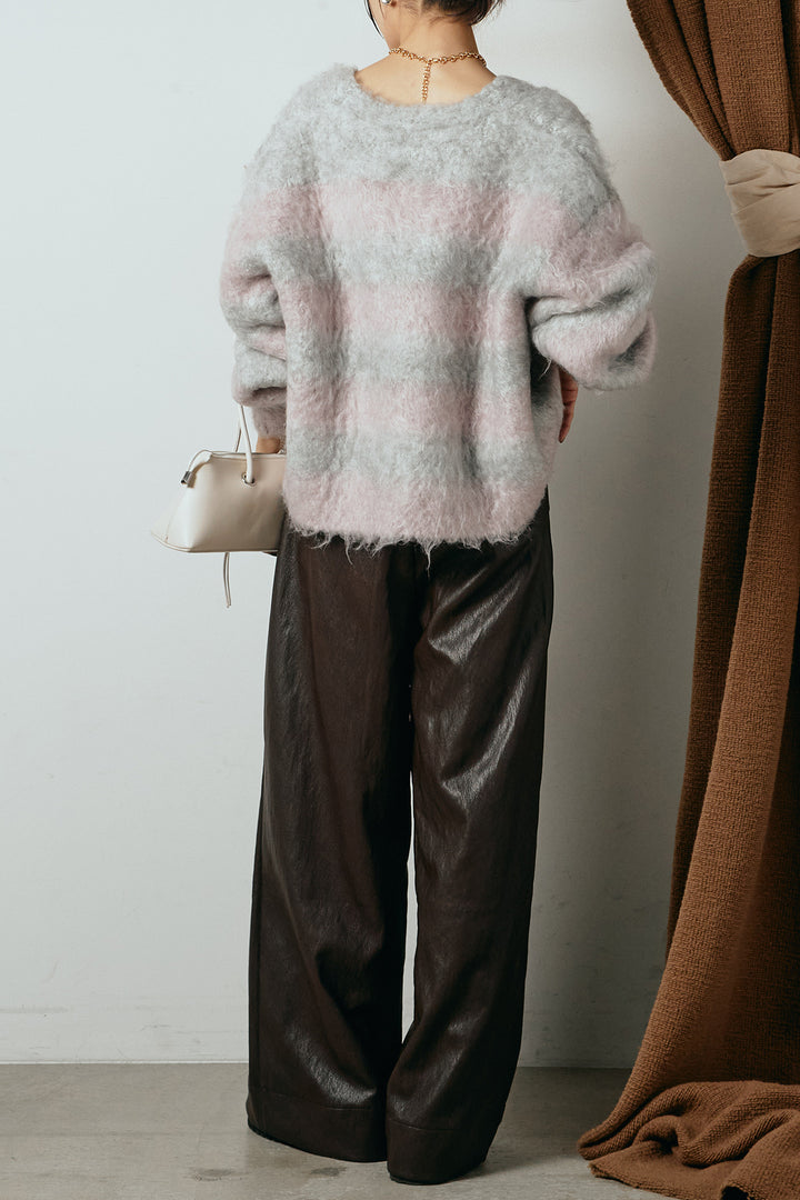 [SET]シャギーボーダー柄ニットカーディガン+ベルト付きレザーライクタックパンツ(2set)