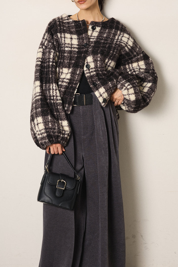 [SET]ノーカラーチェック柄ボアブルゾン+ベルトループコーデュロイワイドパンツ(2set)