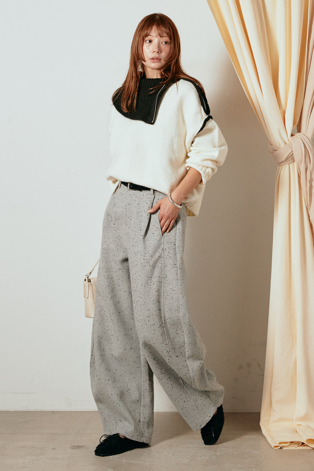 [SET]ハイネックジップデザインニットトップス+ベルト付きネップツイードカーブパンツ(2set)