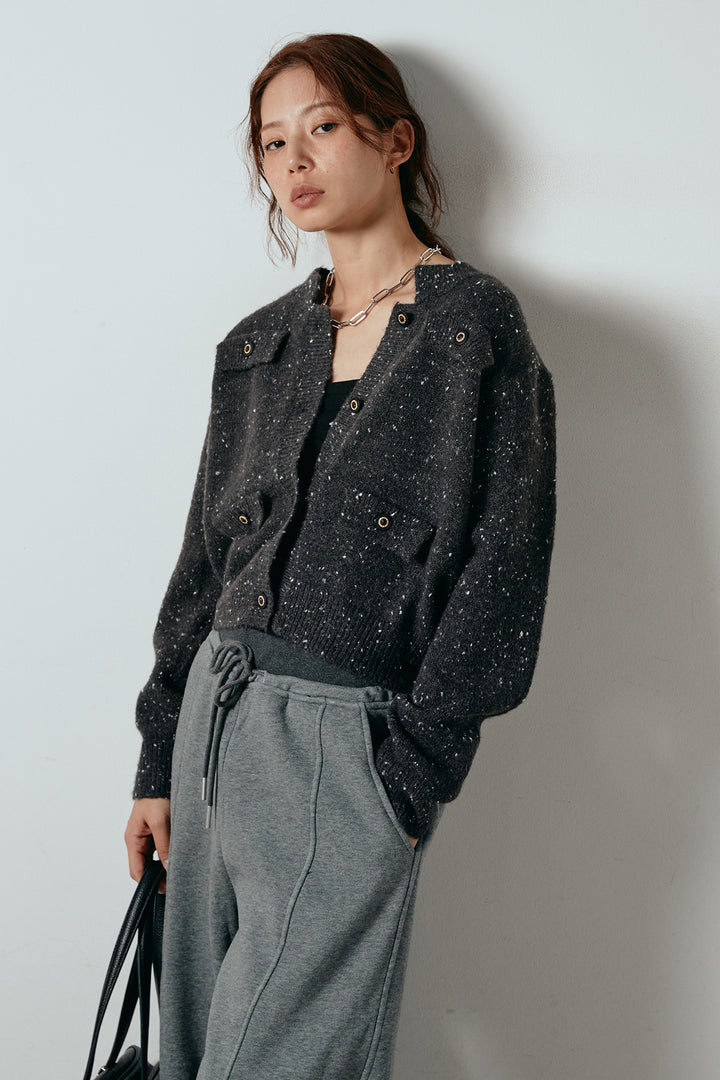 [SET]ネップニットカーディガン+スウェットワイドカーブパンツ(2set)