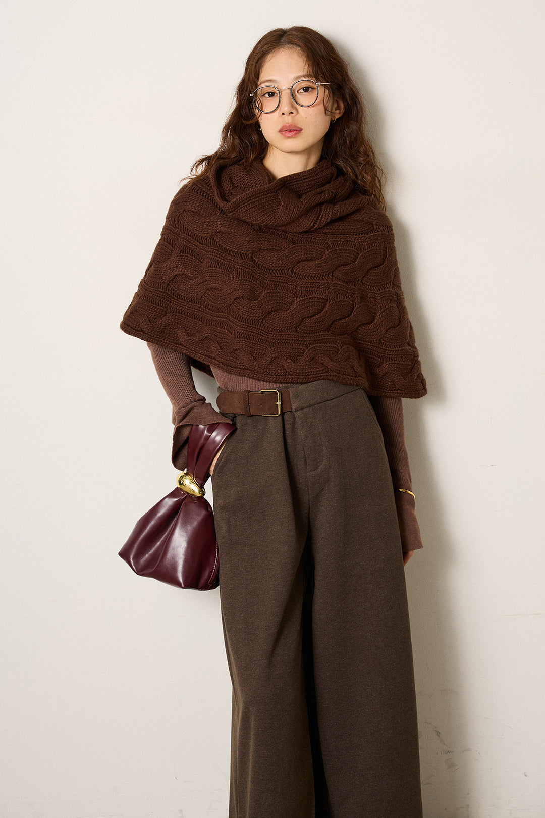 [SET]ケーブル編みケープレイヤードニット+サイドベルトパンツ(2set)