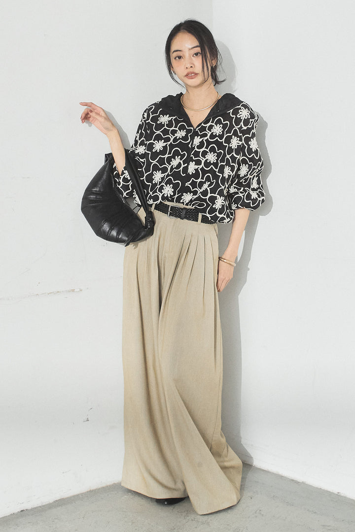 [SET]シアーフラワーフードブルゾン+編みベルト付きウエストタックワイドパンツ(2set)