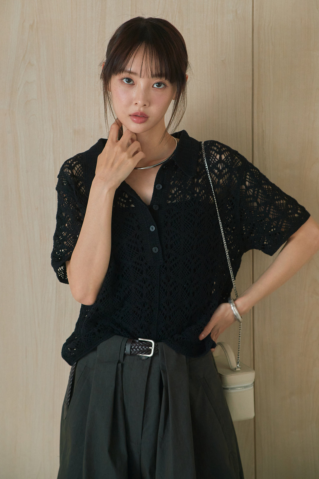 [SET]クロシェ編みニットポロ+ニーサイドタックボリュームカーブパンツ(2set)