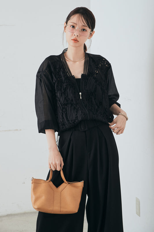 【着回しセット】[SET]ミックスメッシュキーネックプルオーバー+モチーフ付きシアーブルゾン+ベルト付きツータックワイドパンツ(3set)