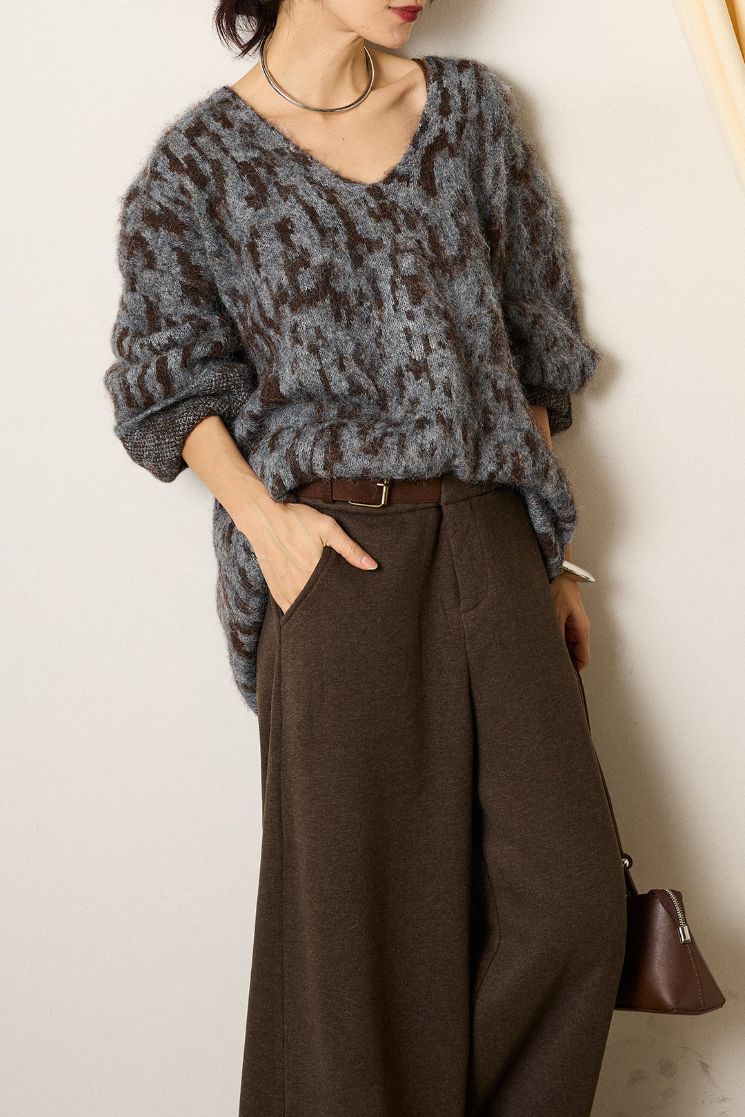 [SET]フラッフィーレオパードシャギーニット+サイドベルトパンツ(2set)