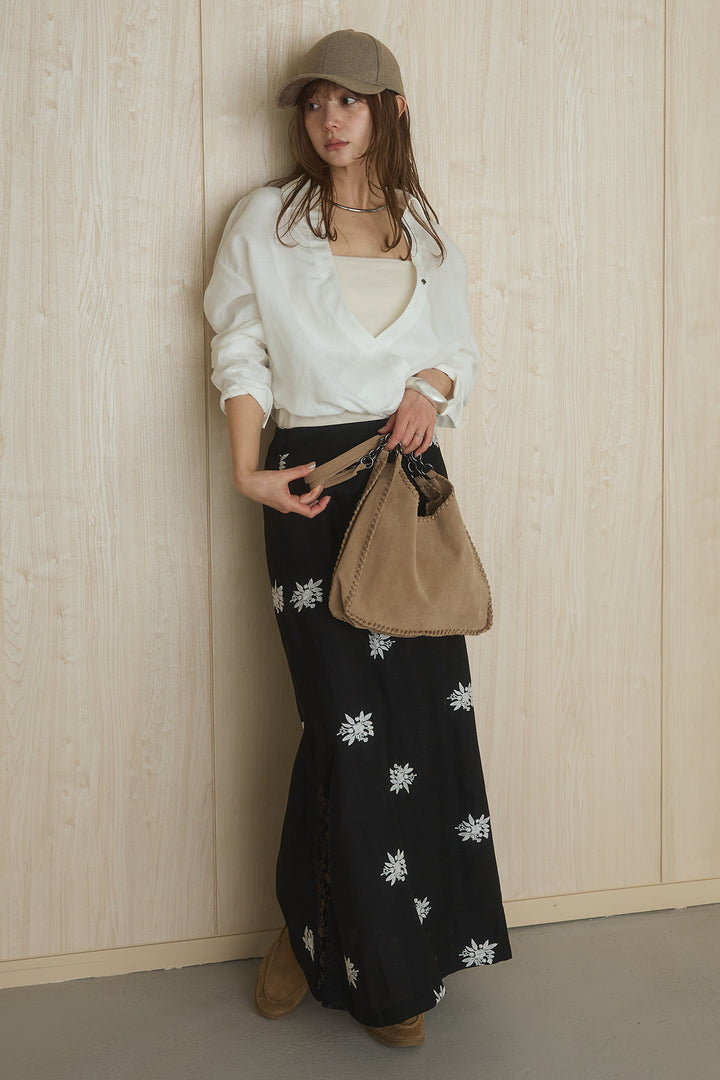 [SET]麻混襟付きトップス+レースコンビフラワー刺繍柄スカート(2set)