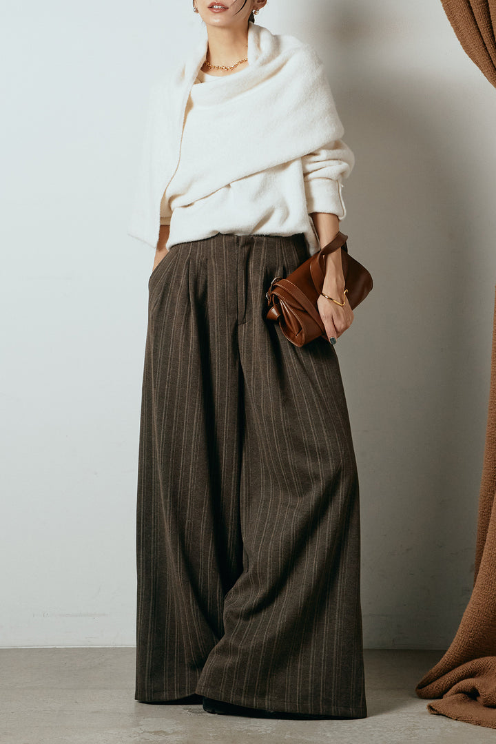 [SET]ネック巻きデザインニットトップス+タック入りマルチストライプ柄ワイドパンツ(2set)