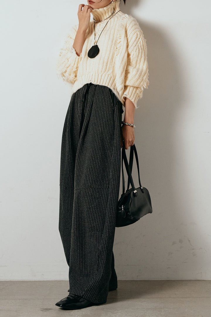 [SET]フリンジタートルショートニット+レザーライク配色ストライプパンツ(2set)