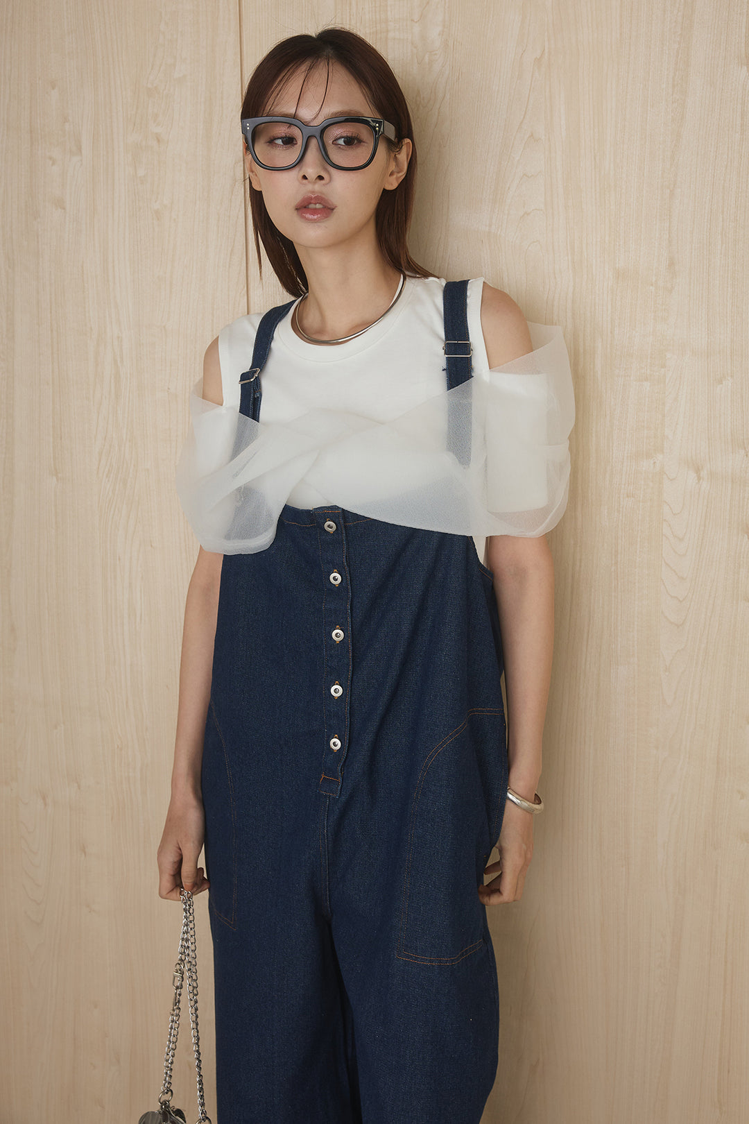 [SET]シアーレイヤーデザインカットソー+フロントボタンデニムサロペット(2set)