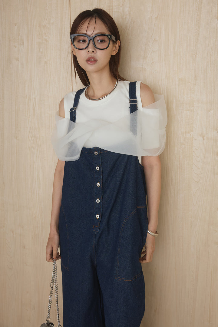 [SET]シアーレイヤーデザインカットソー+フロントボタンデニムサロペット(2set)