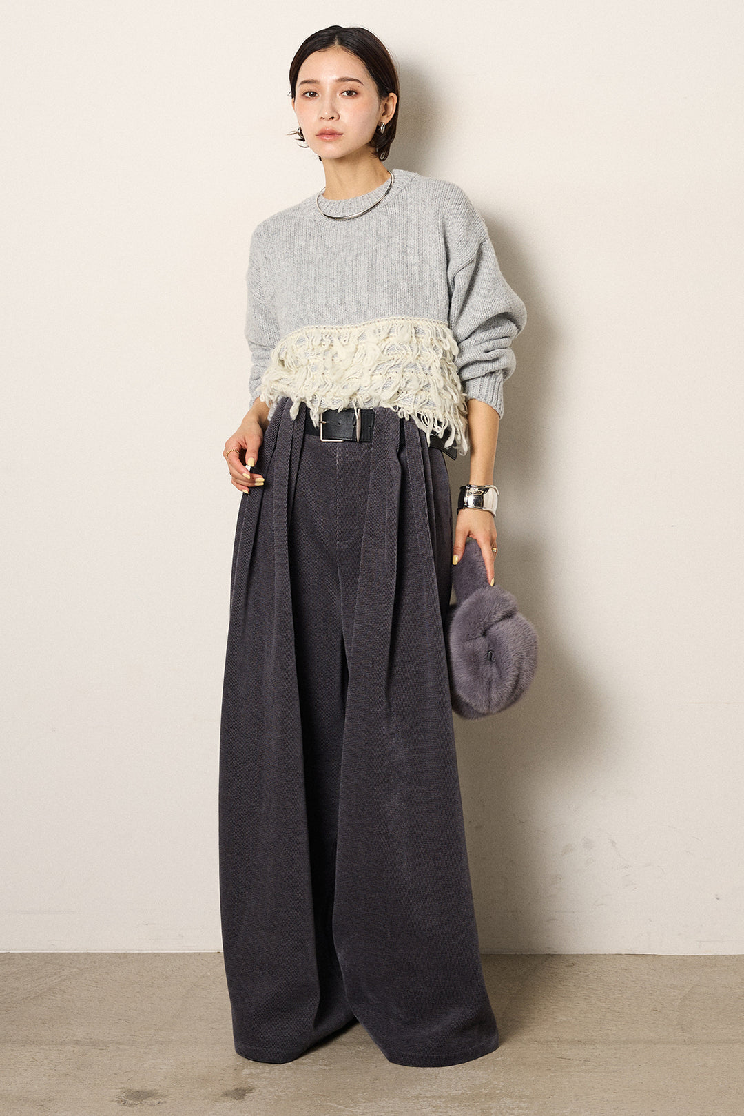 [SET]ループ編み切り替えニットプルオーバー+ベルトループコーデュロイワイドパンツ(2set)