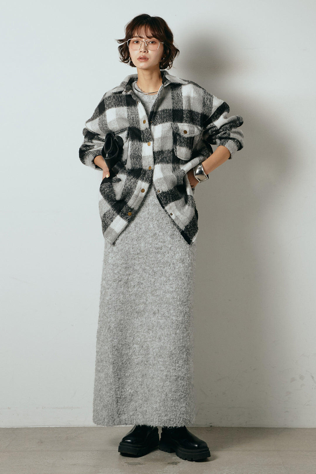 [SET]起毛チェック柄ポケットアウター+起毛ノースリーブニットロングワンピース(2set)